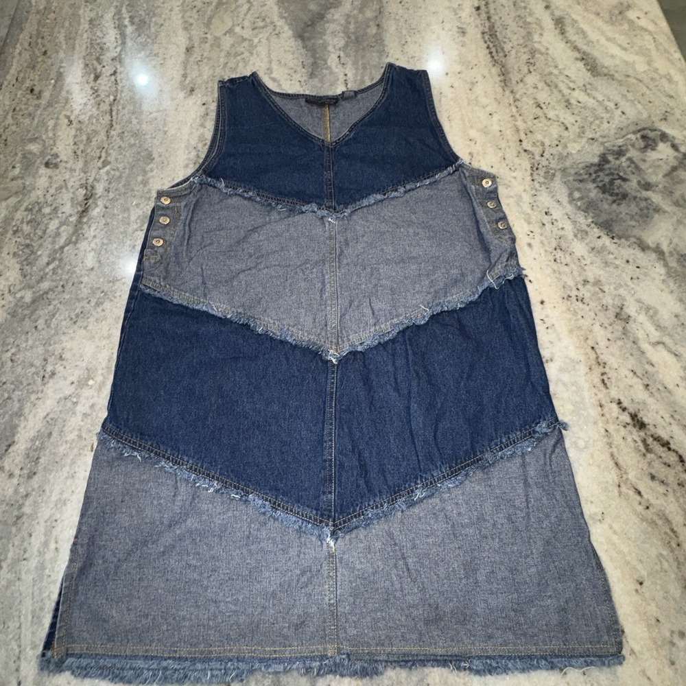 Vintage Kyoto Kasuals Y2K Womens XL Denim Mini Dress Overall Two Tone Patchwork
